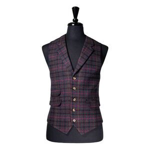 Mens Vest 42R Pink Red Teal Blue Plaid Wool Waistcoat Formal Wedding Prom Party